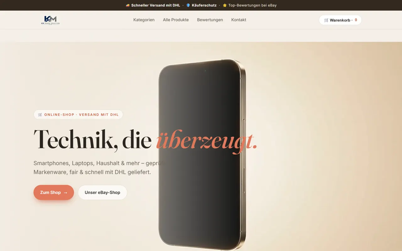 KM Trade Solution: Elektronik-Shop mit warmem Editorial-Design