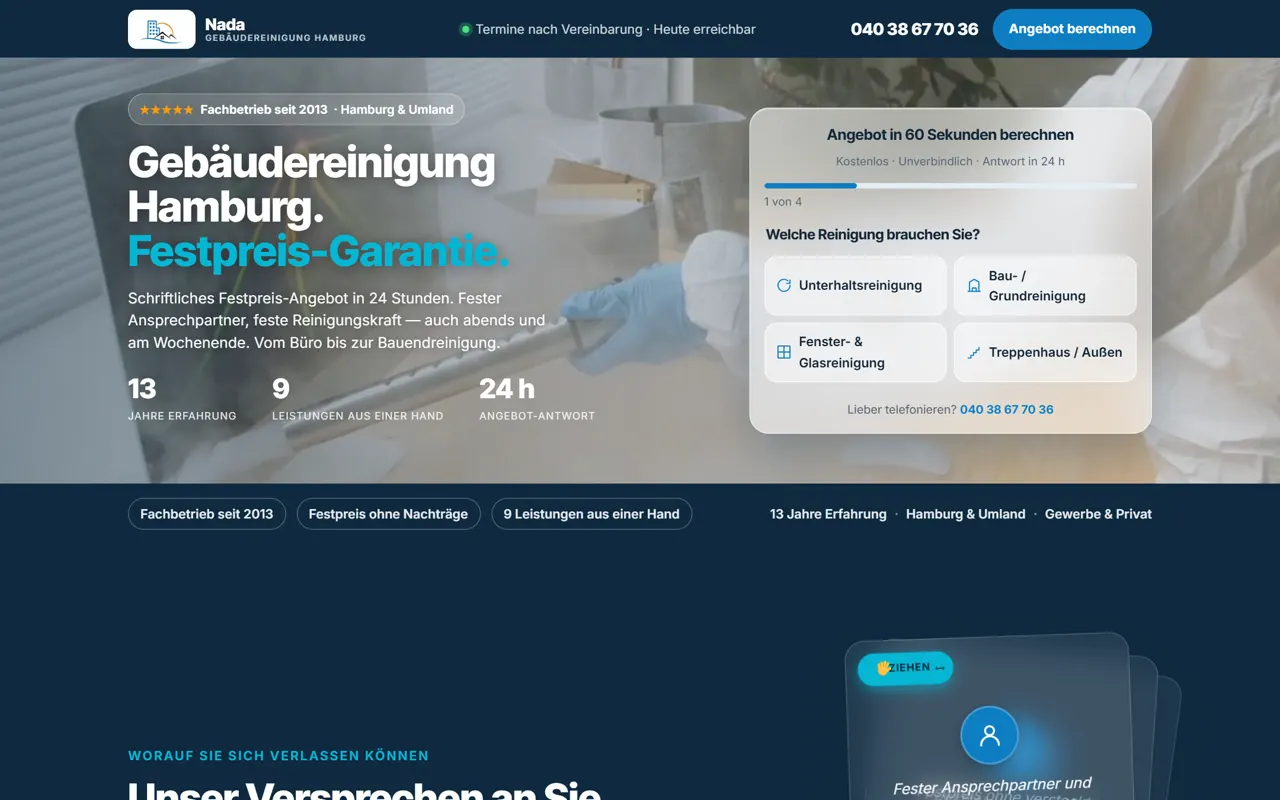 Nada Gebäudeservice: Angebotsrechner qualifiziert Reinigungs-Anfragen in 60 Sekunden vor