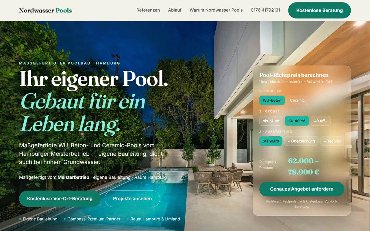 Nordwasser Pools: helle Premium-Landingpage mit Pool-Preisrechner im Hero (Musterprojekt)